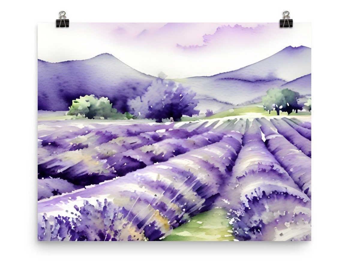 Lavender Field Watercolor Painting Print Provence Watercolor Foggy Meadow Art Print Field Of Flowers Wall Art Panoramic Landscape Large Art