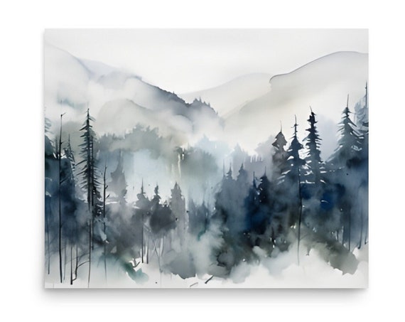 Appalachian Mountains Painting Misty Pine Forest Watercolor Art Print Smoky Mountains Wall Art Panoramic Neutral Foggy Forest Landscape Art