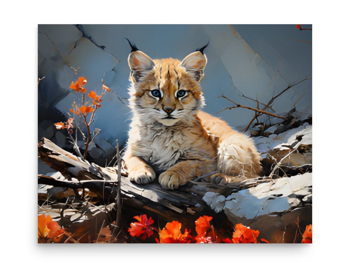 Young Lynx Resting On Fallen Log Among Red Leaves Watercolor Poster
