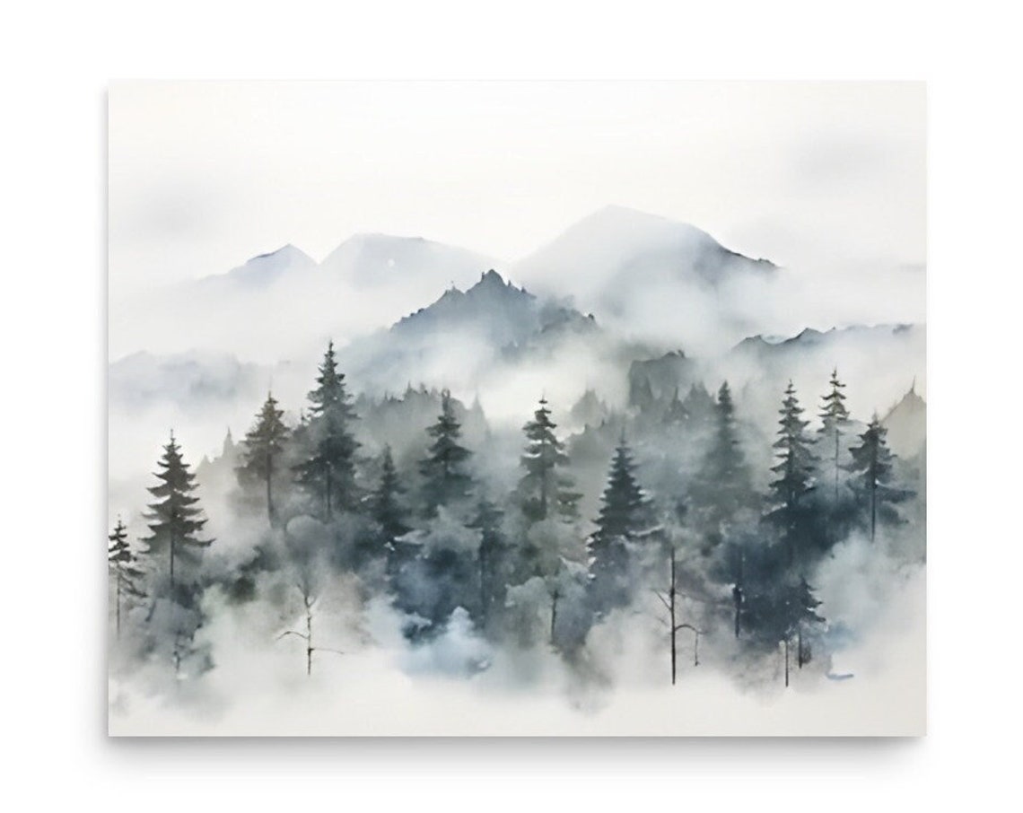 Foggy Evergreen Pine Forest Misty Gray Mountain Watercolor Poster