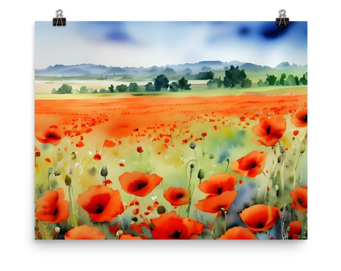 Vibrant Red Poppy Field Under Blue Sky Watercolor Floral Art Poster