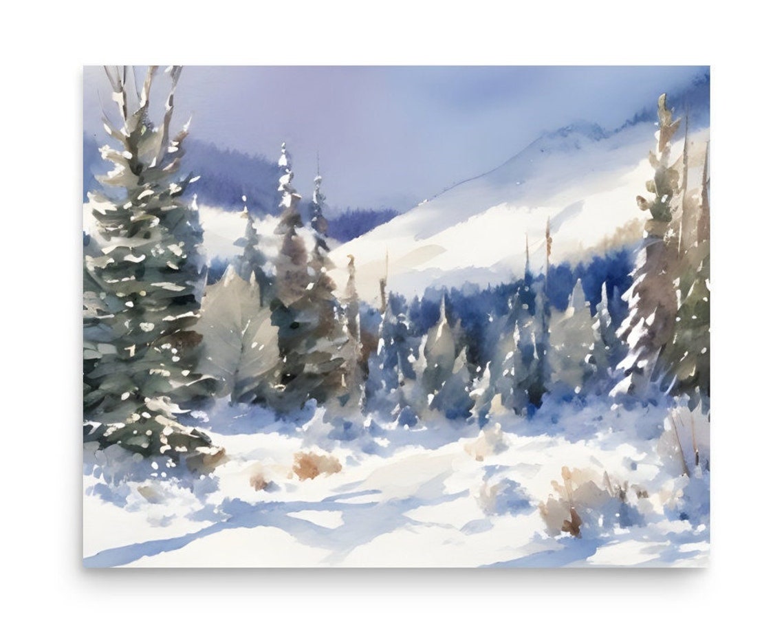 Blue Shadowed Snowy Mountain Forest Watercolor Winter Wall Art
