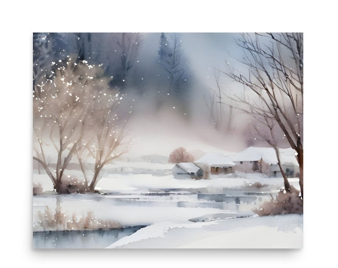 Winter Foggy Country Landscape Watercolor Painting Rural Houses And A Small River Art Print Panoramic Winter Landscape Of A Village Print