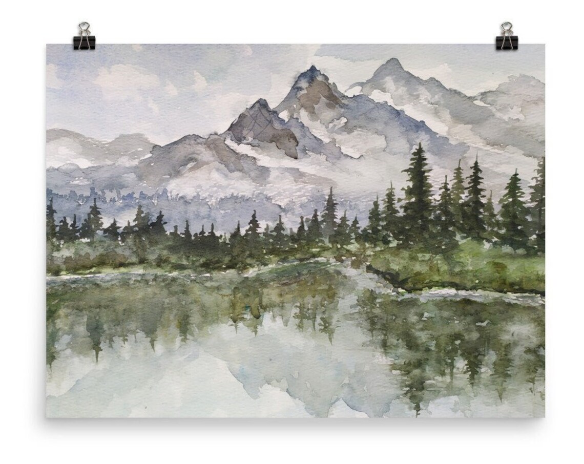Misty Snowy Mountain Peaks Reflected In A Pine Forest Lake Art Poster