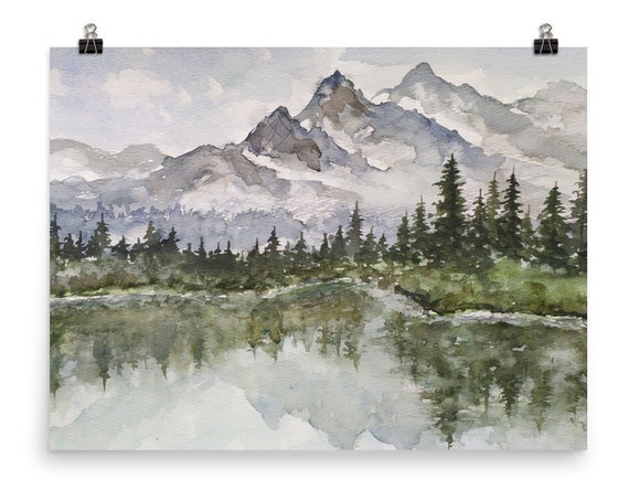 Idaho Landscape Art Print Pine Trees Painting Mountain Lake Panoramic Landscape Wall Art Blue Green Watercolor Misty Pine Forest Lake Print