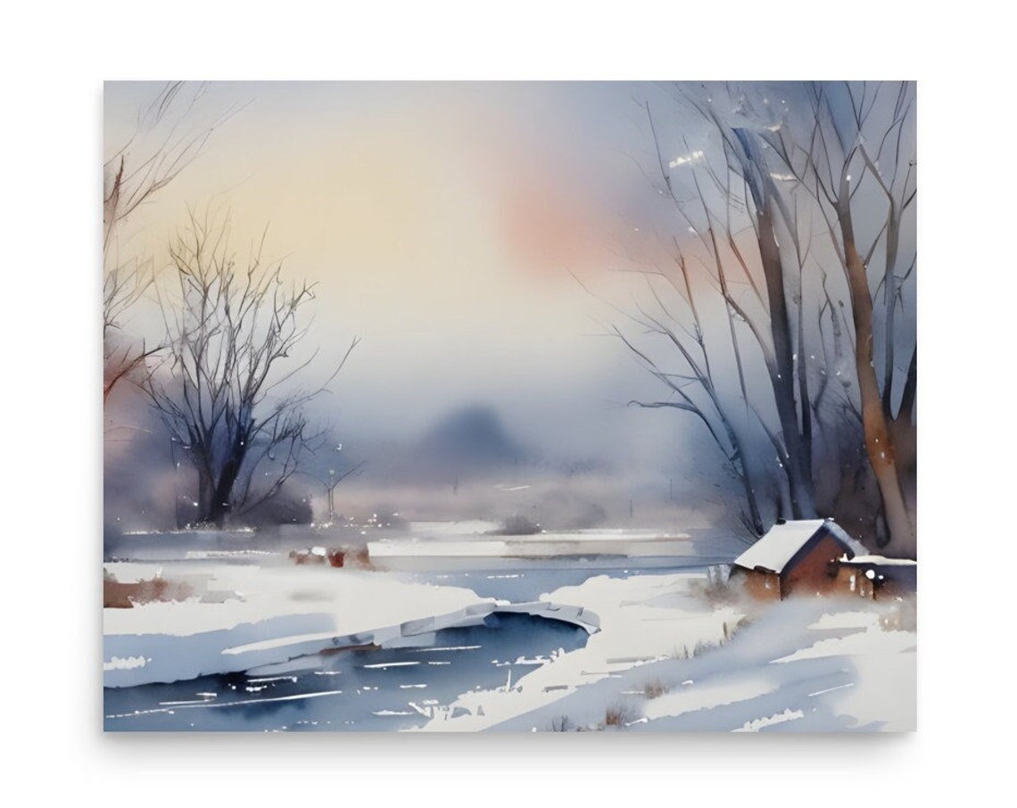 Lake Ozarks Painting Lake Cabin Art Print Winter Landscape Wall Art Missouri Lake Watercolor Artwork Winter Foggy Ozarks Lake Watercolor Art