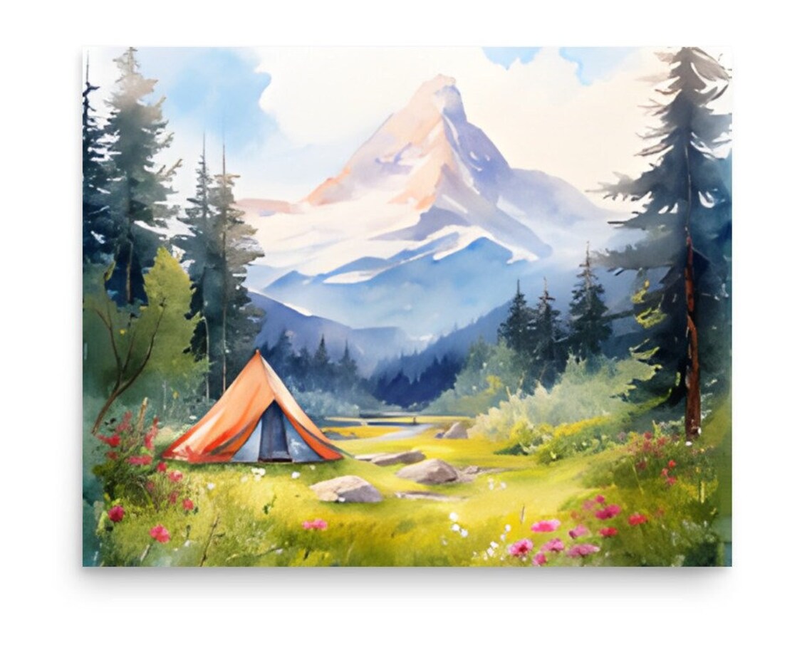 Rocky Mountains Painting Tent Camp At The Foot Of Lone Eagle Peak In Colorado Watercolor Art Print Rocky Mountain Pine Forest And Meadow Art