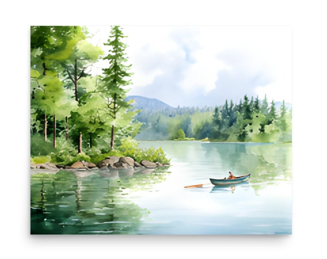 Rowboat on a Calm Green Lake Watercolor Forest Landscape Poster