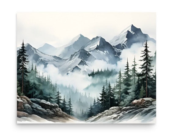 Appalachian Mountains Painting Misty Pine Trees Art Print Mountain Forest Watercolor Wall Art Mountain Foggy Landscape Neutral Wall Decor
