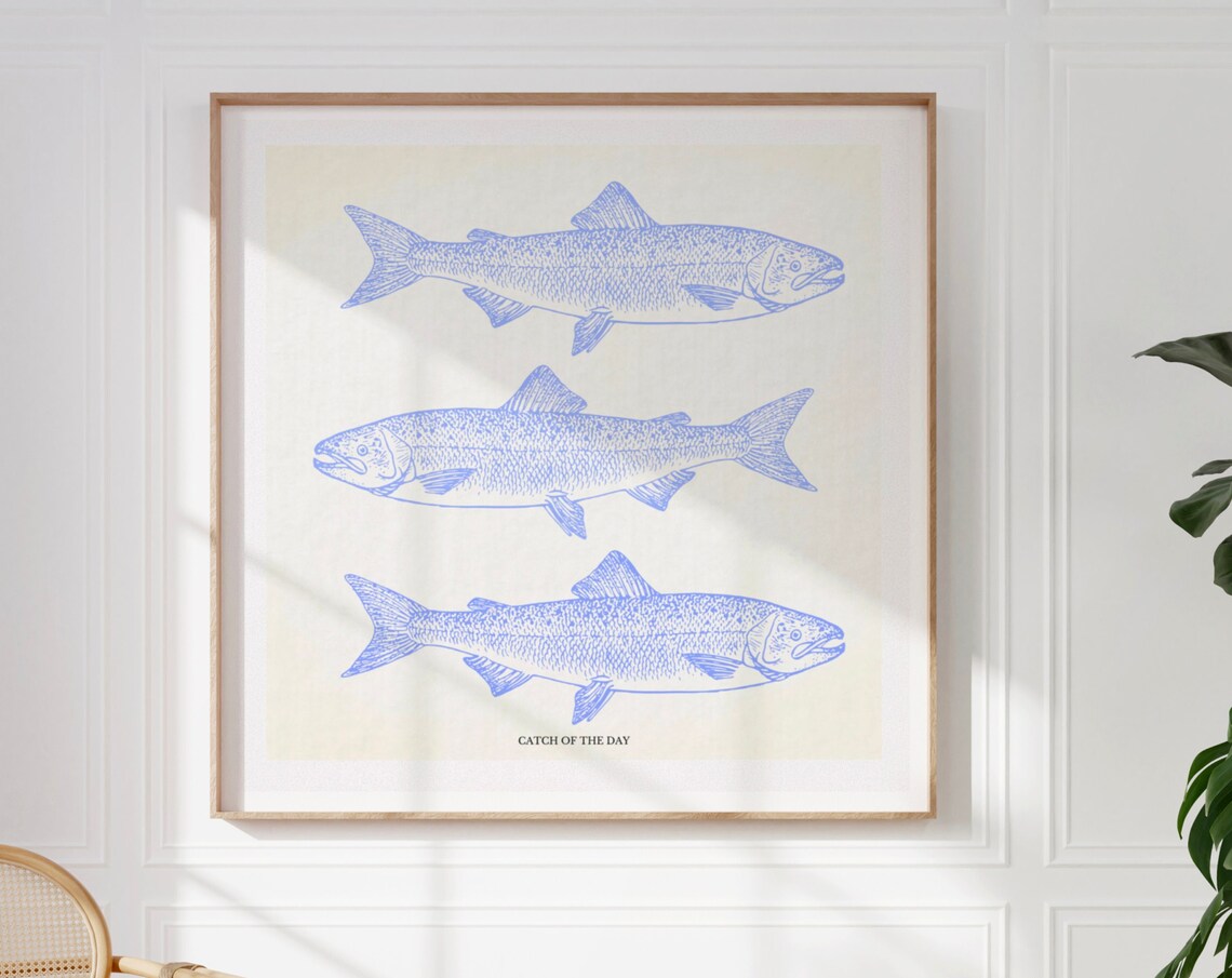 Salmon Illustration Print, Blue Thin Line Decor