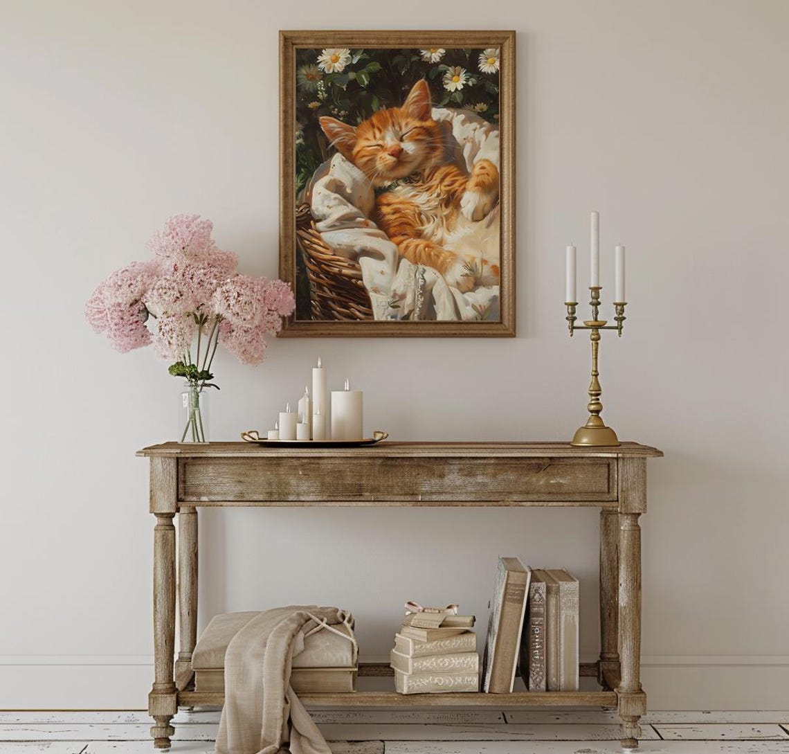 Orange Tabby Kitten Sleeping In Basket Vintage Cat Art Poster - Image 2
