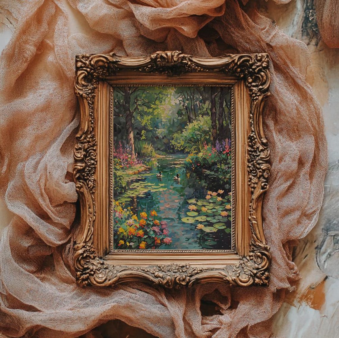 Impressionist Garden Pond With Lilies Ducks And Flowers Art Poster - Image 2
