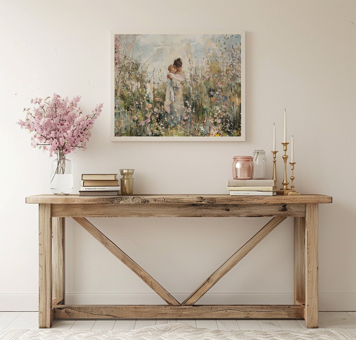 Mother and Child in a Soft Wildflower Meadow Impressionist Poster - Image 2