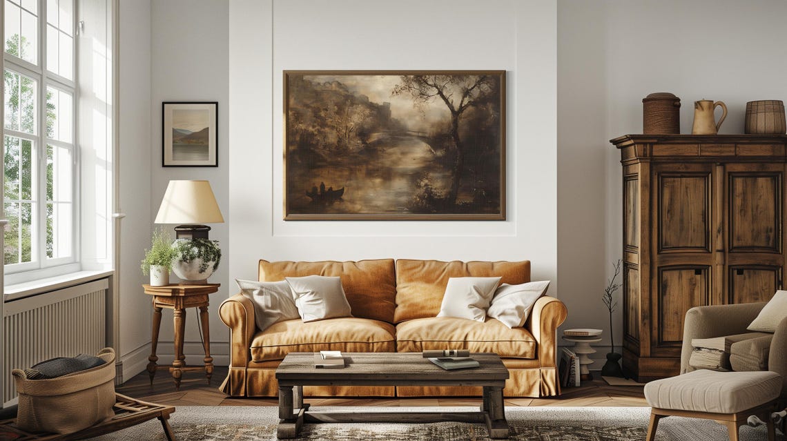 Mist Over the River with a Stone Bridge and a Boat Sepia Art Poster - Image 3