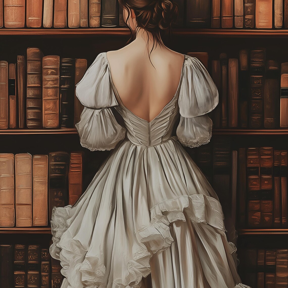 Woman In Gown Before Library Bookshelves Dark Academia Book Poster - Image 2