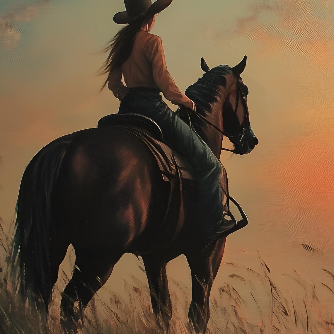 Cowgirl on Horseback at Sunset in the Tall Prairie Grass Poster - Image 2