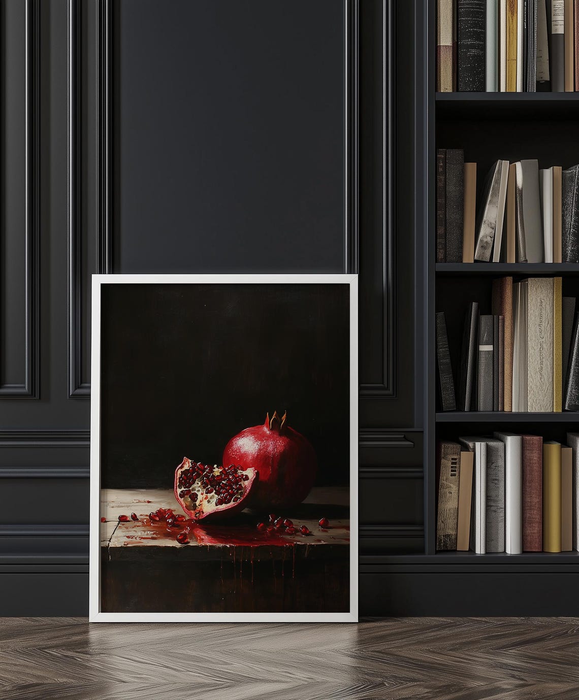 Whole Pomegranate with Dripping Juice on a Dark Wooden Table Poster - Image 4