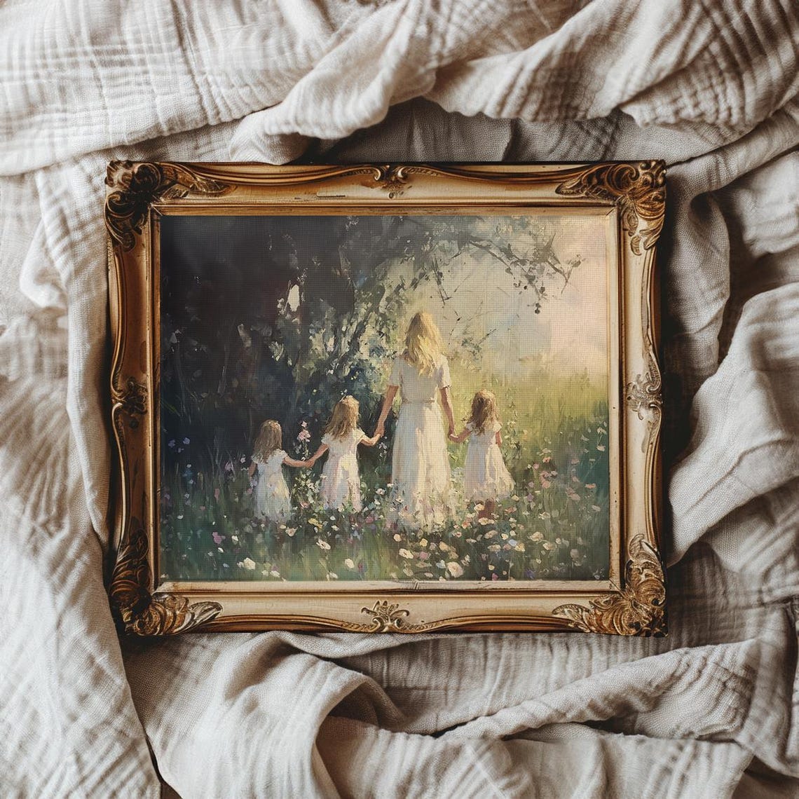 Mother Holding Hands With Three Daughters In Wildflower Meadow Poster - Image 4