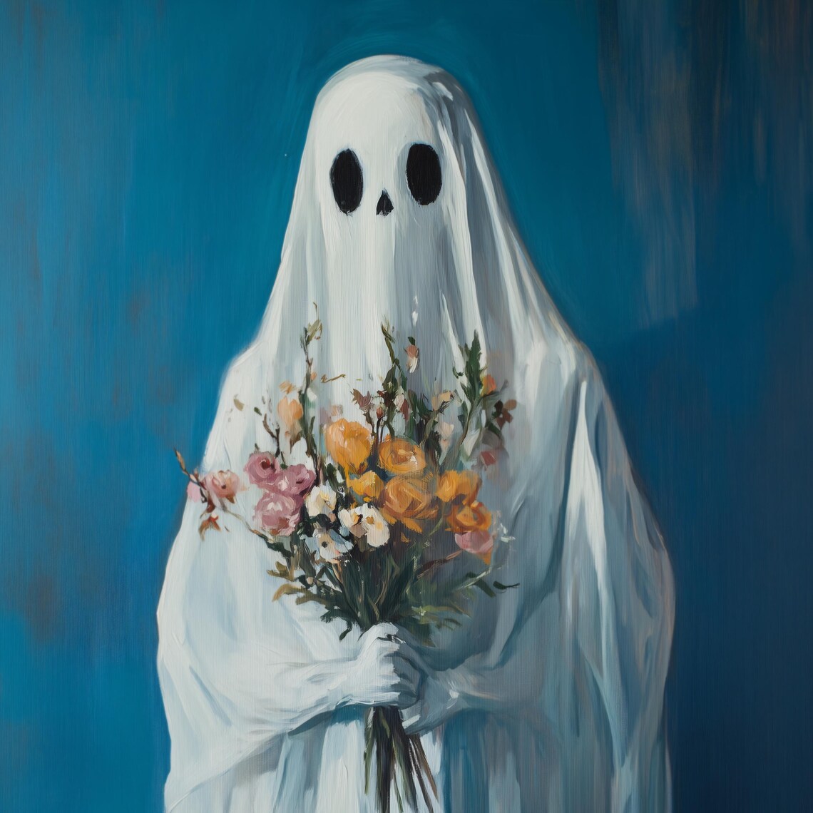 Cute Sheet Ghost Holding Wildflower Bouquet Bright Blue Art Poster - Image 3