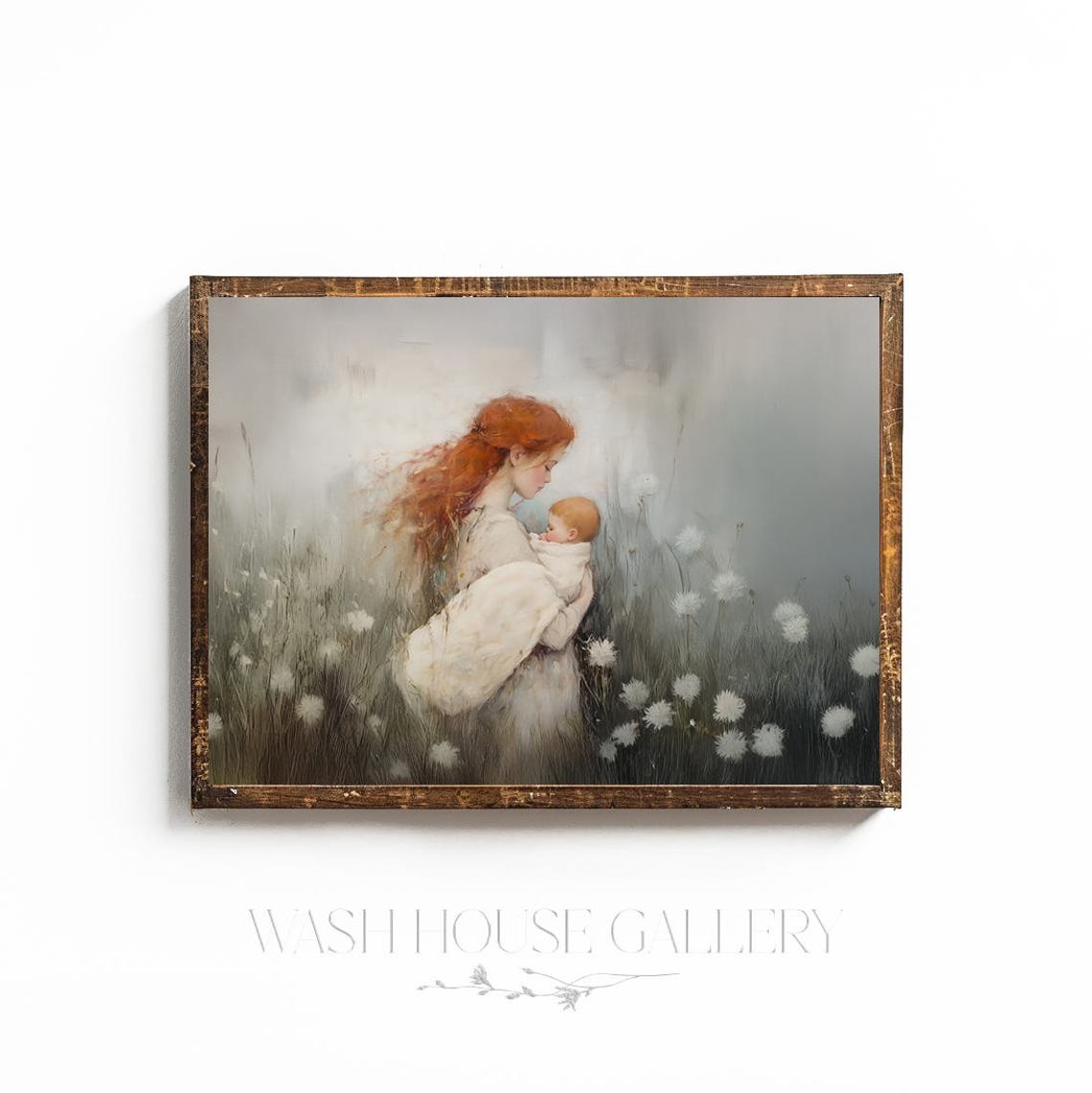 Red-Haired Mother Holding Her Baby in a Soft Misty Meadow Poster - Image 2