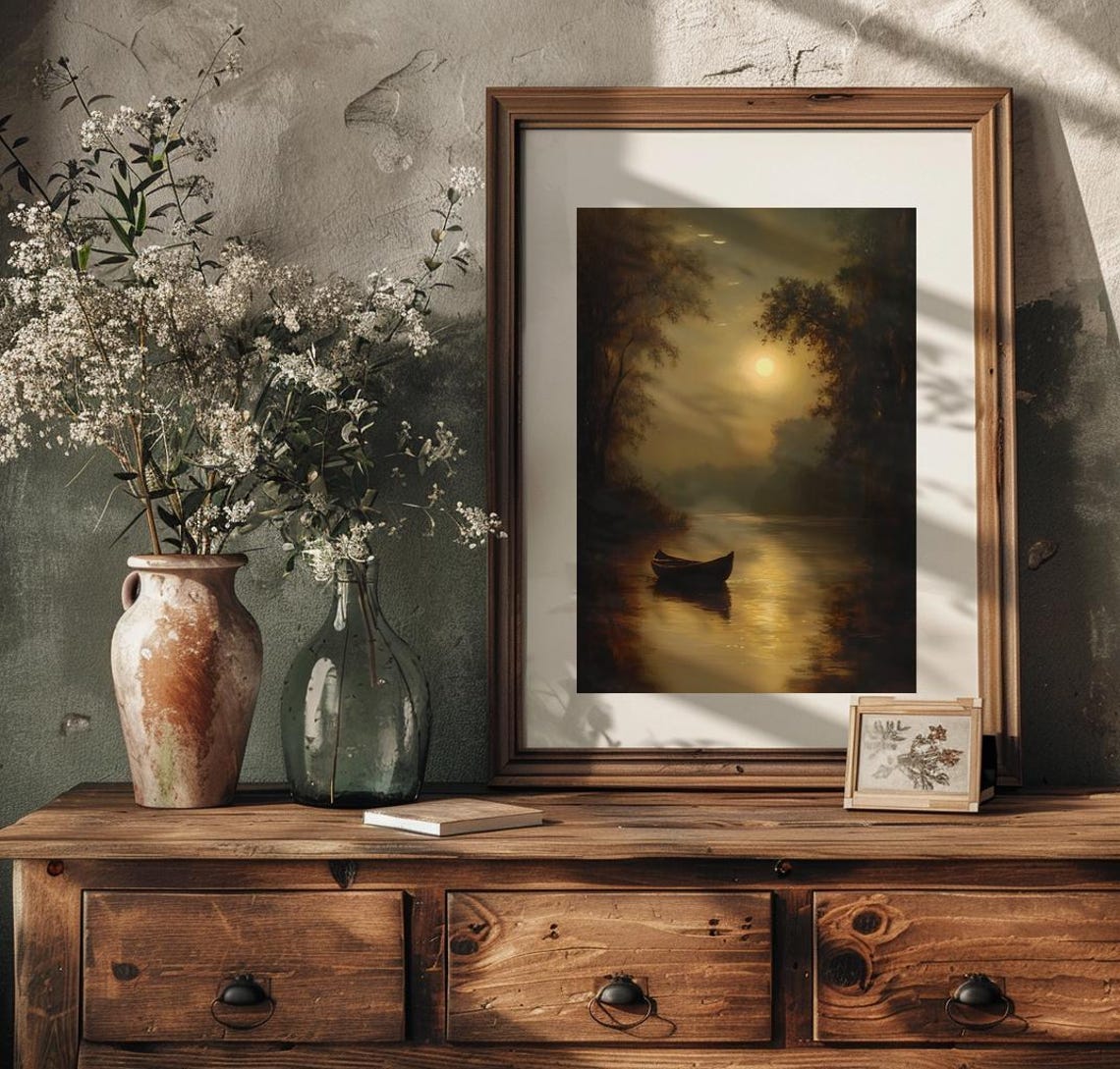 Canoe On Moonlit River At Night Vintage Dark Waterscape Poster - Image 4