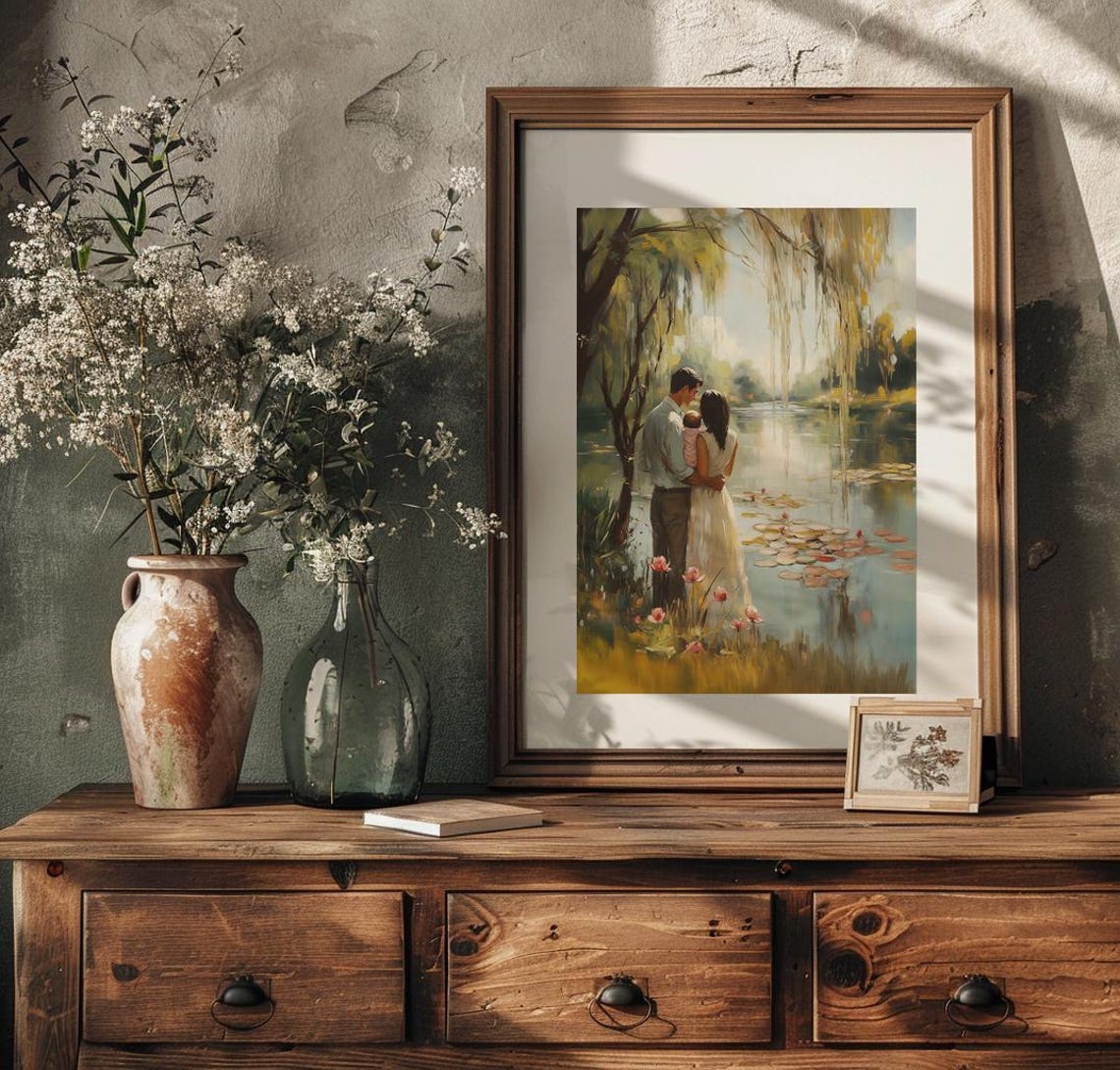 Young Romantic Parents Holding Baby Beside Willow Lily Pond Poster - Image 4