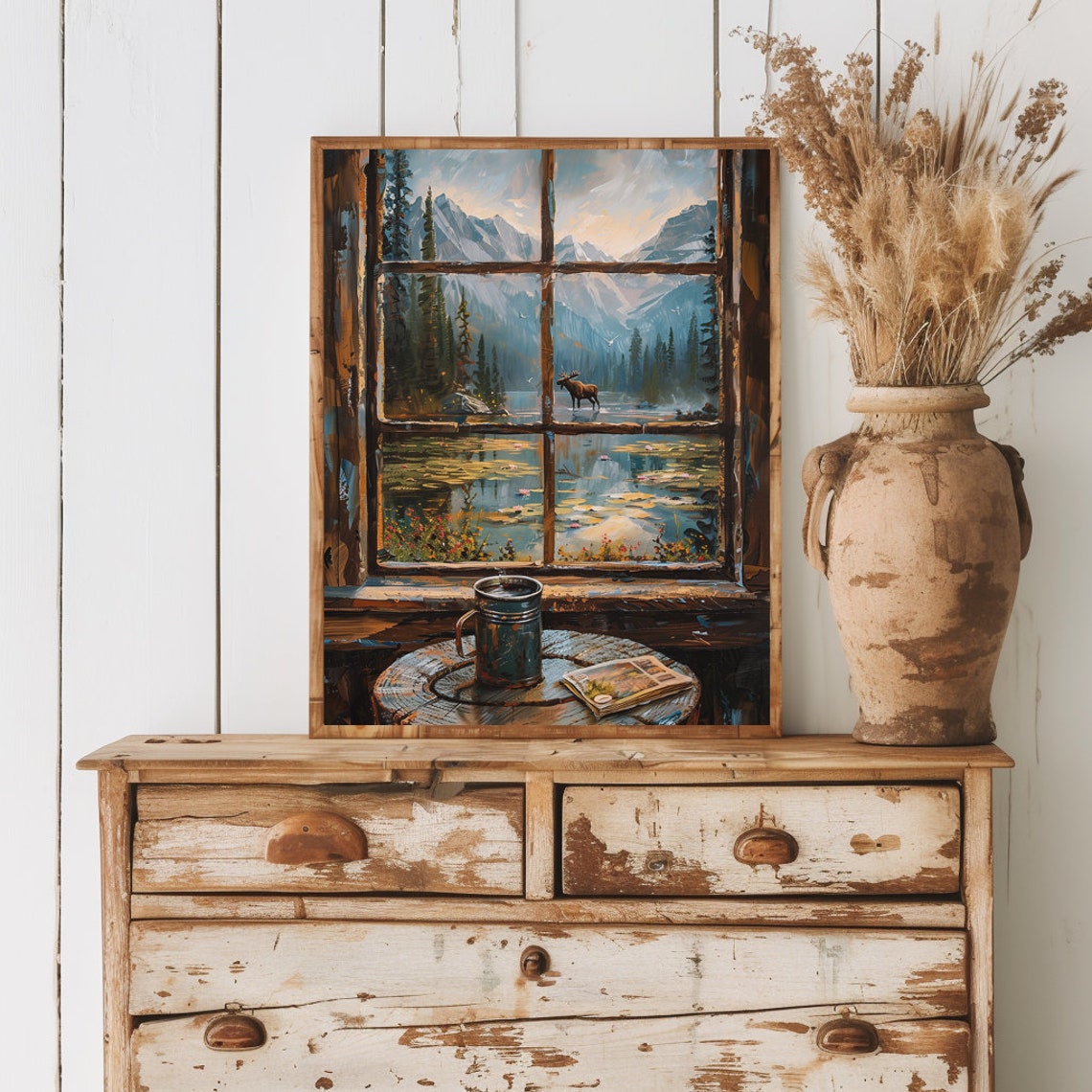 Moose at Mountain Lake Seen From Rustic Cabin Window Wall Poster - Image 3