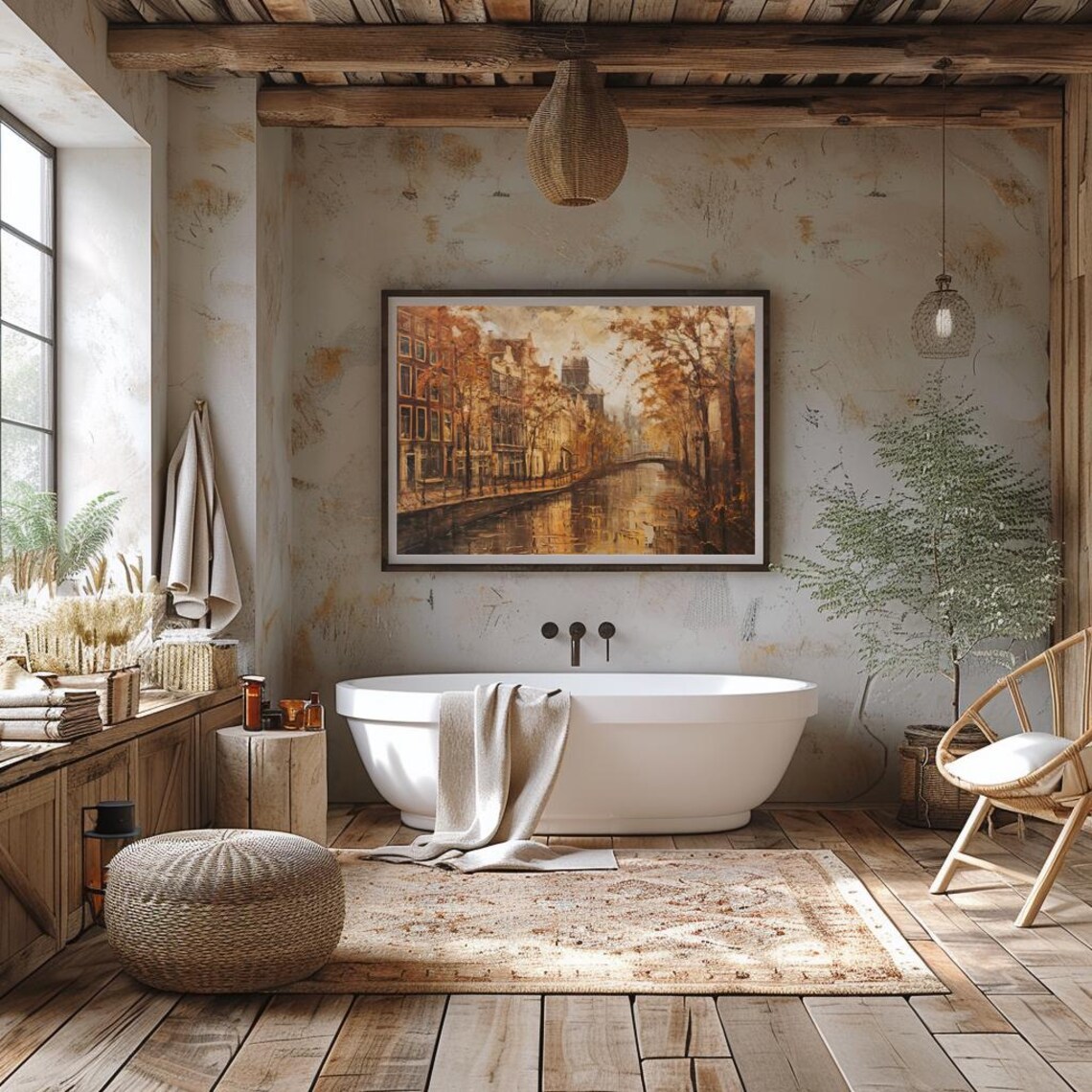 Amsterdam Canal Street In Golden Autumn Vintage Oil Painting Poster - Image 2