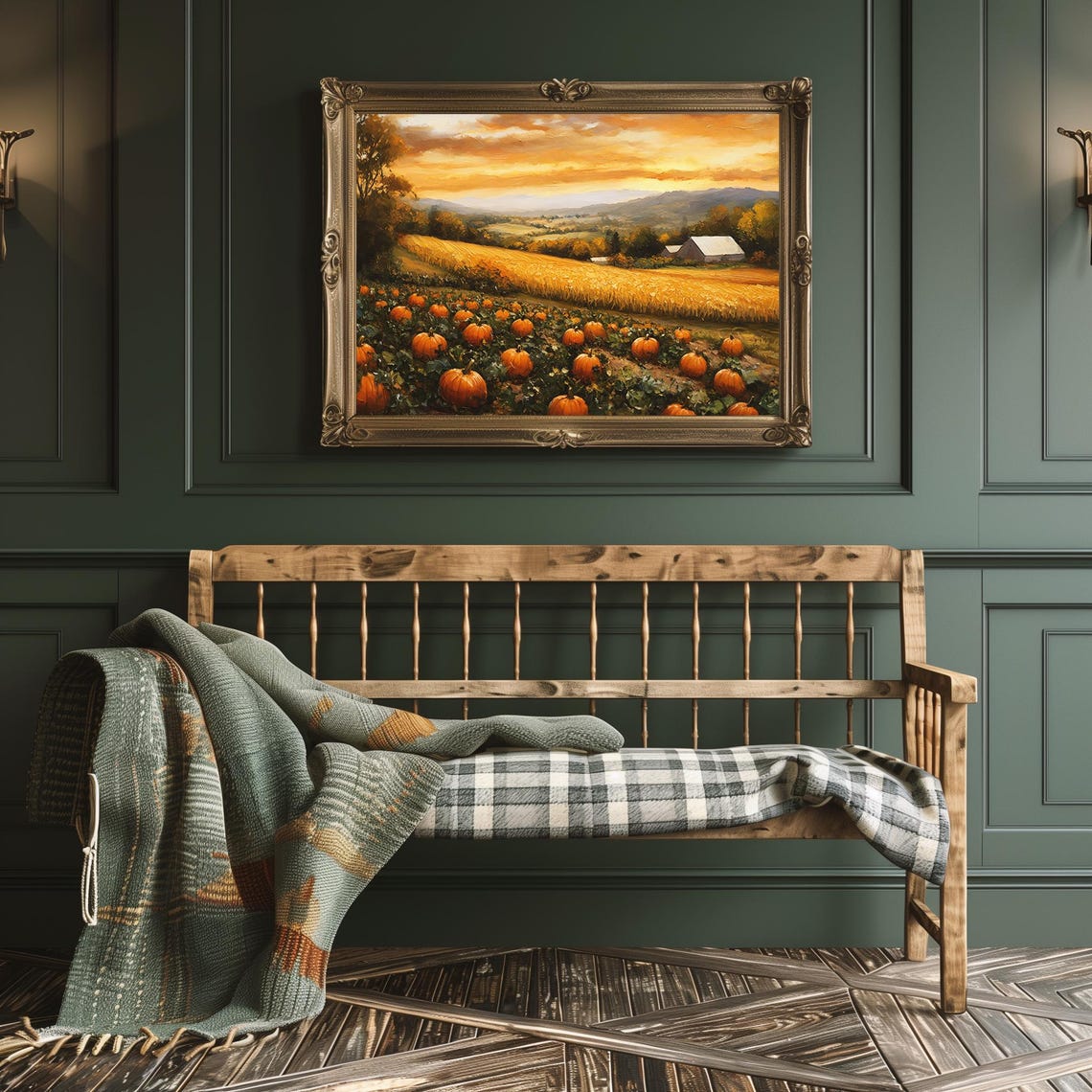 Pumpkin Patch at Sunset with Golden Wheat Field and Barn Poster - Image 2