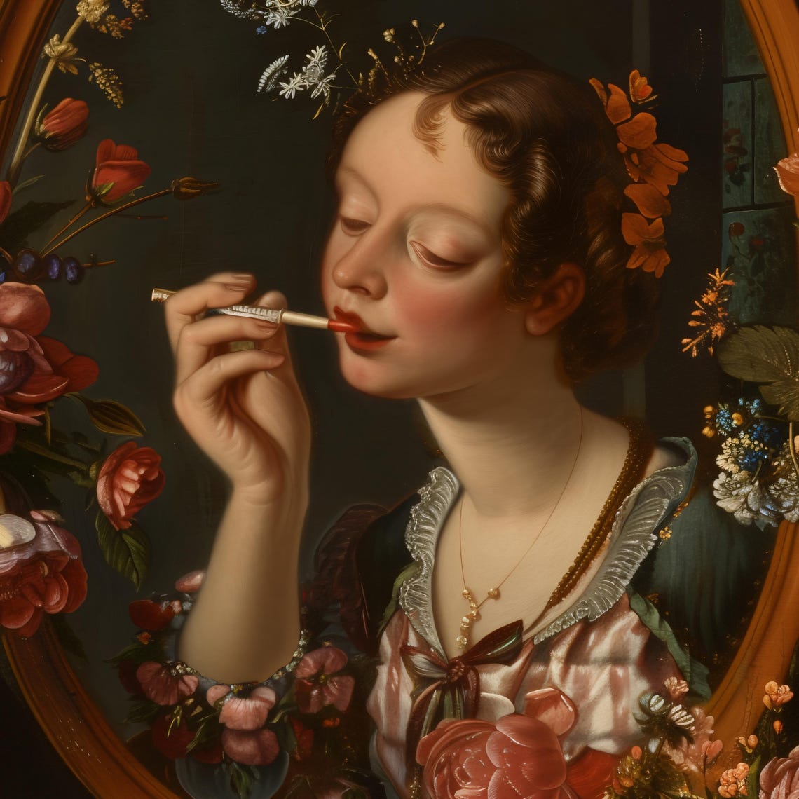 Baroque Woman Applying Lipstick Surrounded by Roses and Blooms Poster - Image 2