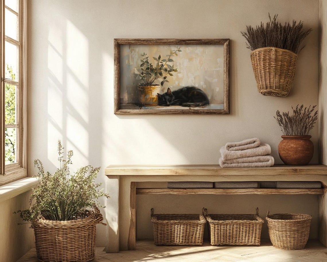Black Cat Napping Next to a Golden Potted Plant Still Life Poster - Image 4