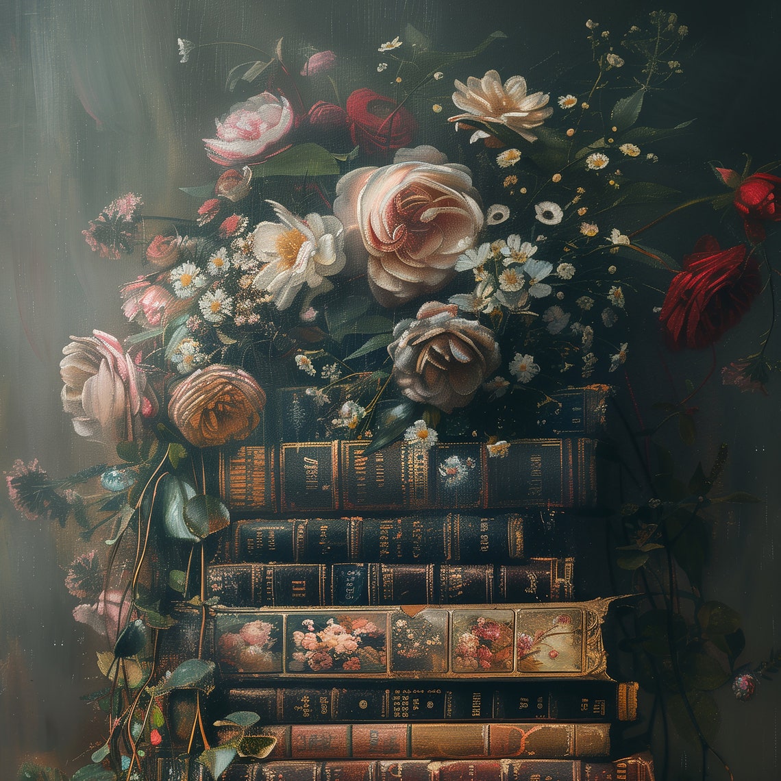 Vintage Books Stacked High with Roses and Trailing Green Vines Poster - Image 2