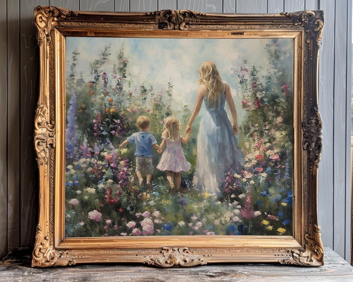 Mother and Two Children Strolling Through Wildflower Garden Poster