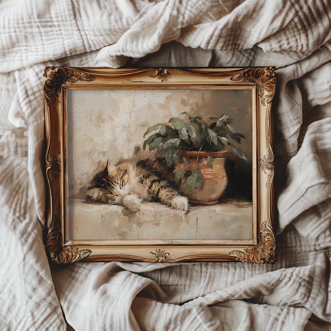Sleeping Fluffy Kitten Curled on a Ledge by a Large Plant Poster - Image 3