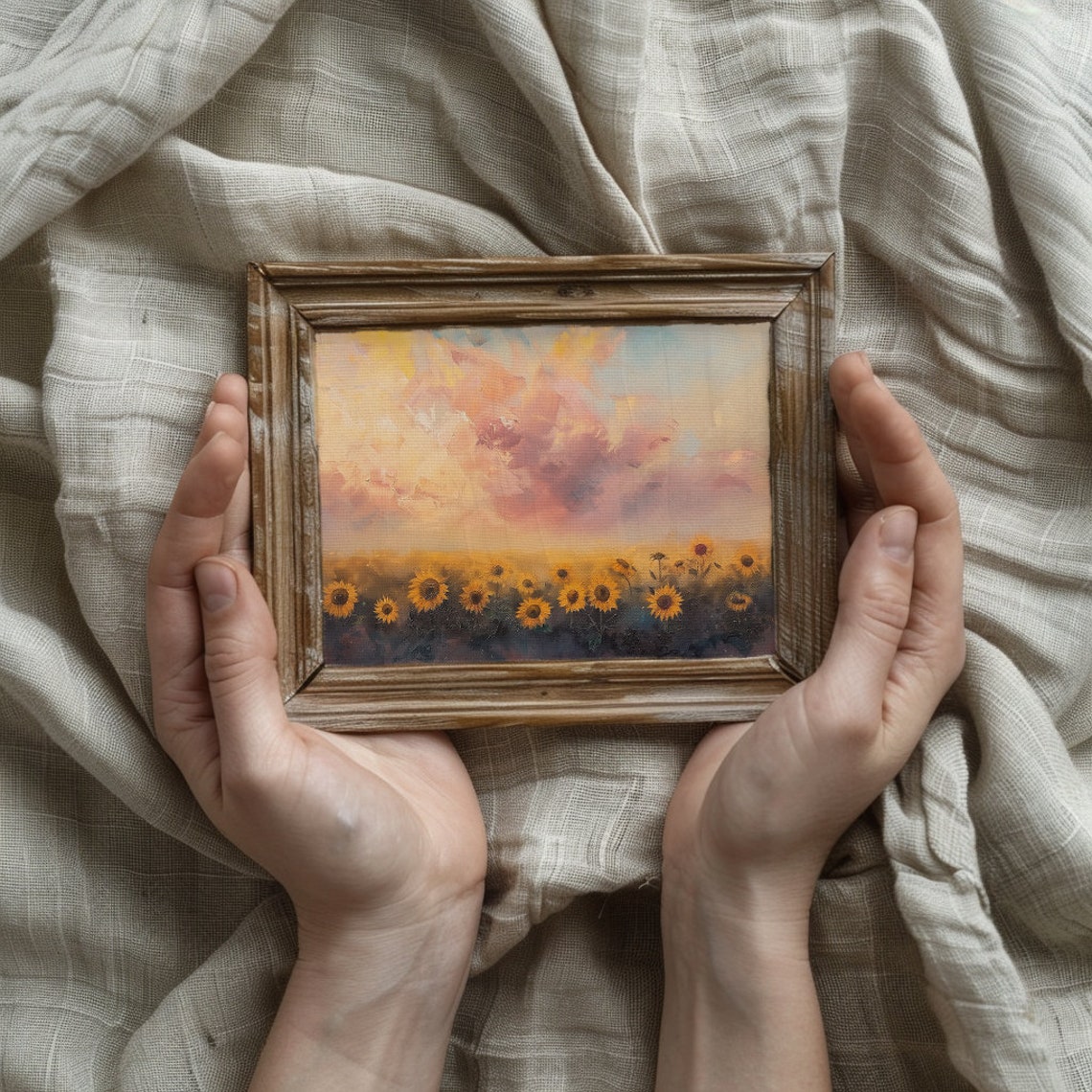 Sunflower Wall Art Sunflower Field Painting Cottagecore Sunflower Art Vintage Oil Painting Of Sunflower Field Print Pink Sky Print - Image 2