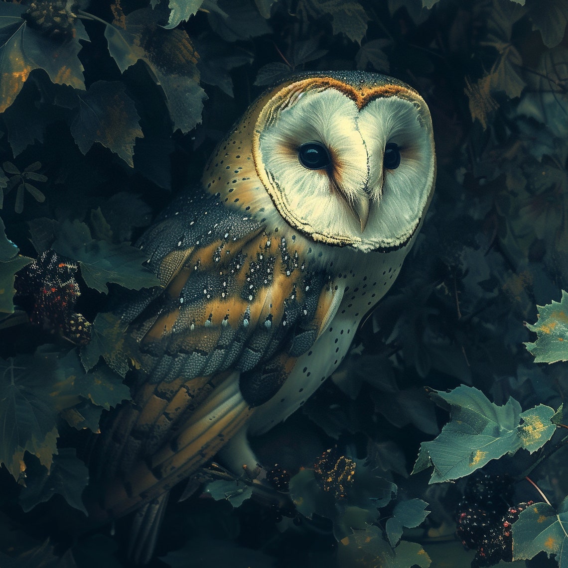 Vintage Owl In Ivy And Berry Vines Oil Painting Print Vintage Owl Wall Art Witchy Decor Dark Cottagecore Wall Art Vintage Owl Print - Image 2