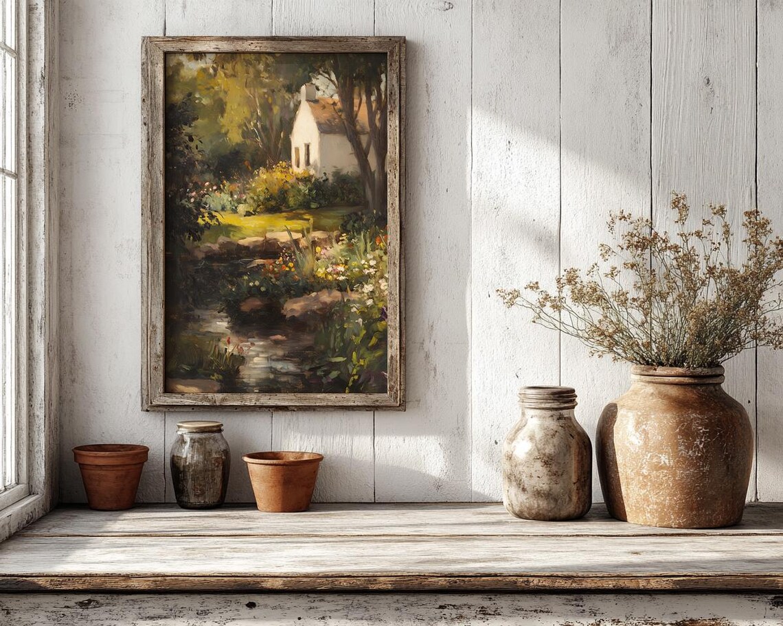 White Cottage Garden With Stream Vintage English Garden Poster - Image 2