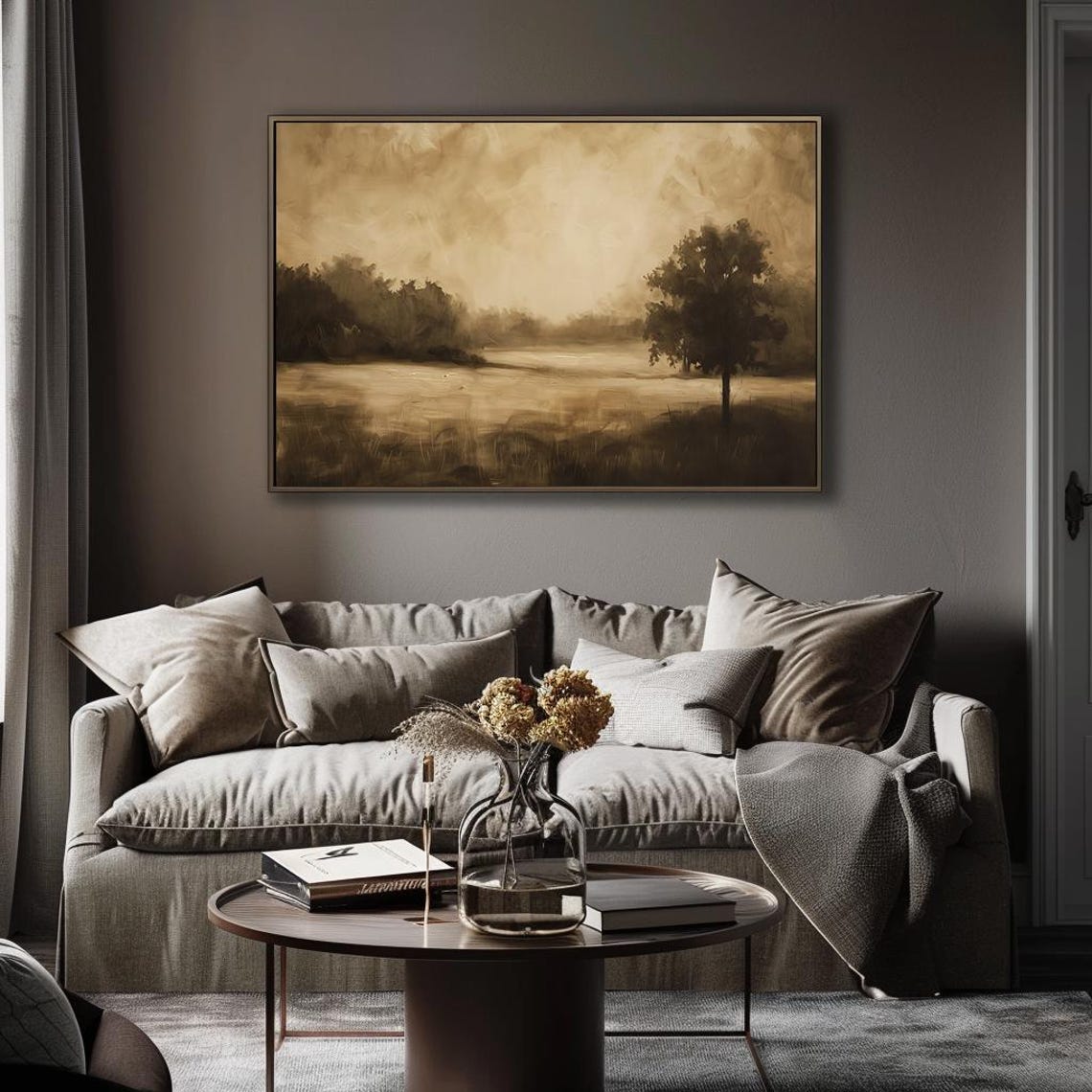 Sepia Tone Lone Tree in a Misty Golden Field Landscape Poster - Image 4