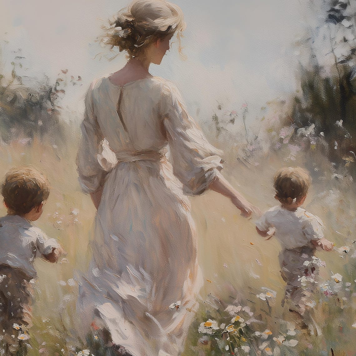 Mother Walking with Three Sons Through Wildflower Meadow Poster - Image 2
