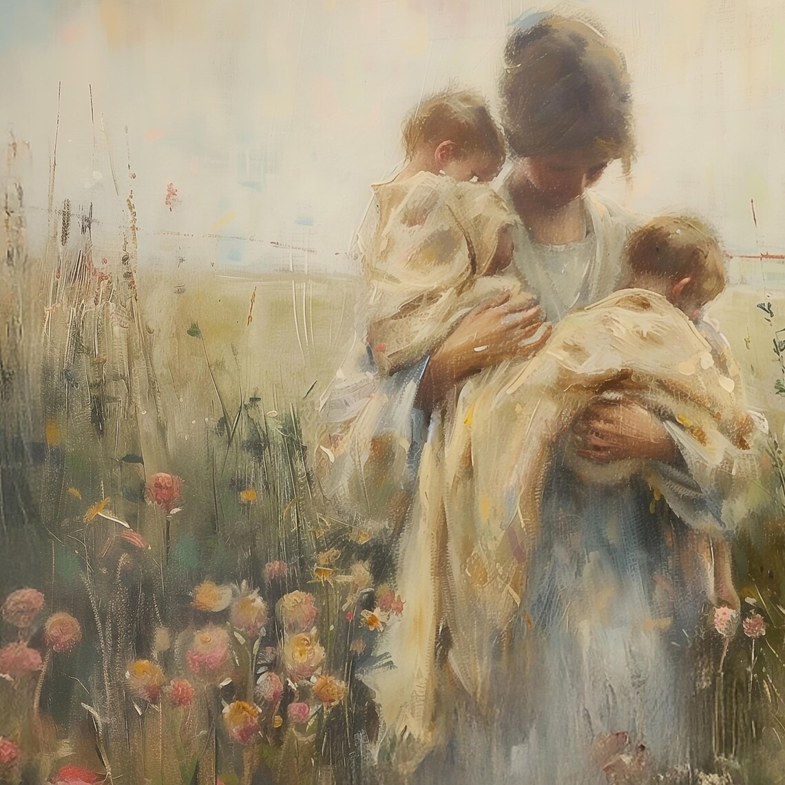 Mother Holding Two Children in a Wildflower Field Oil Painting Poster - Image 2