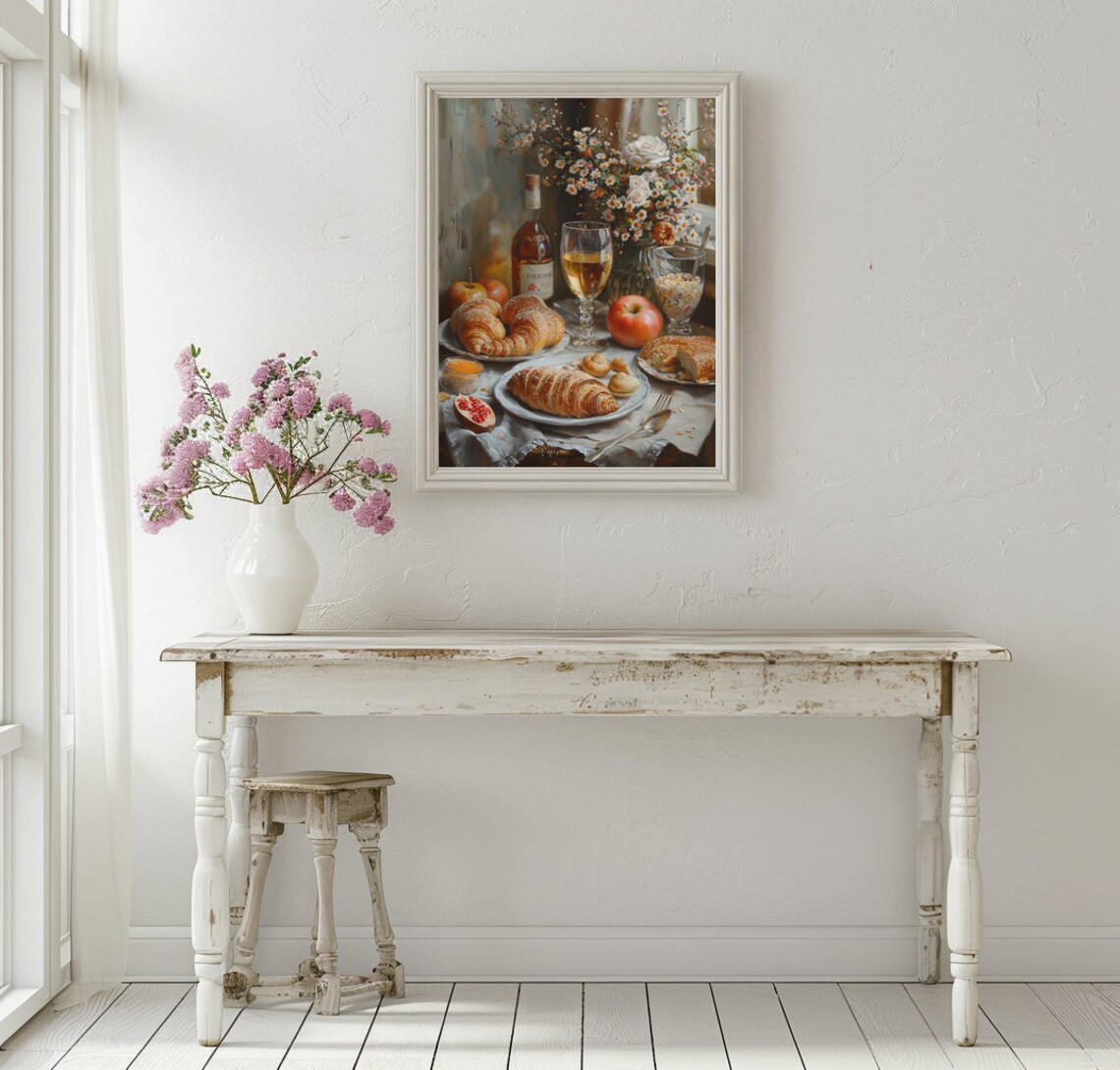 French Breakfast With Croissants Wine and Flowers Painting Poster - Image 2