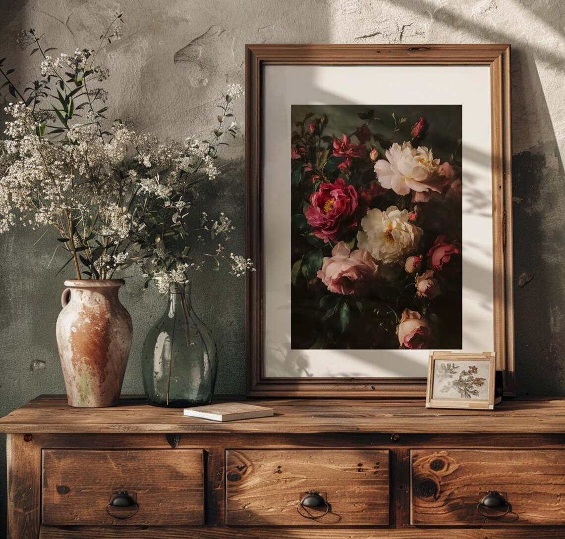 Moody Deep Pink and Ivory Peonies Dark Floral Still Life Poster - Image 2