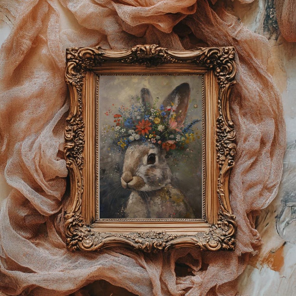 Vintage Rabbit Portrait Wearing a Wildflower Crown Oil Painting Poster - Image 2