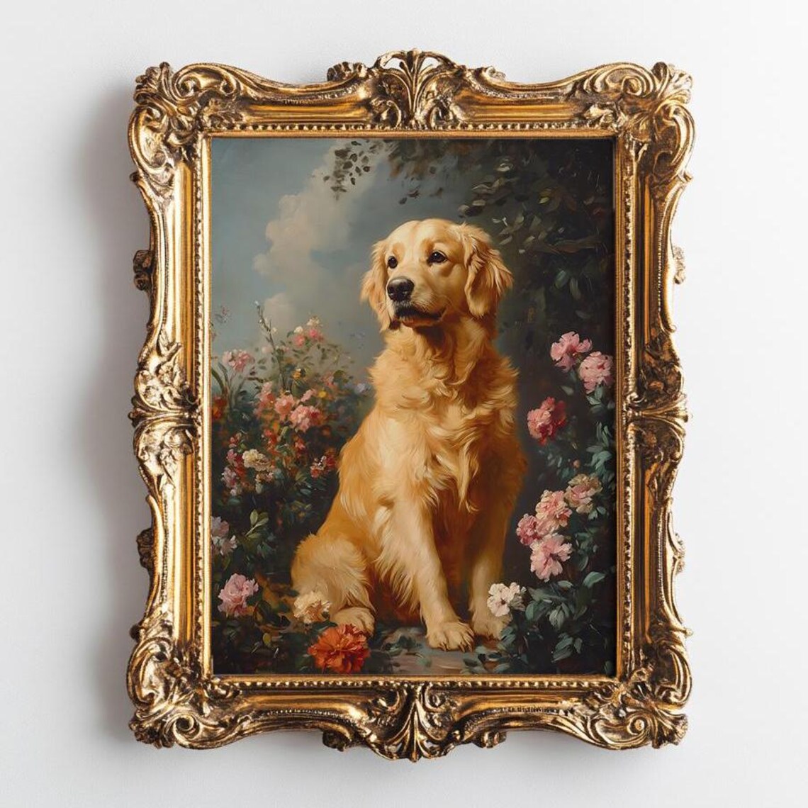 Golden Retriever Among Roses Vintage Floral Dog Portrait Poster