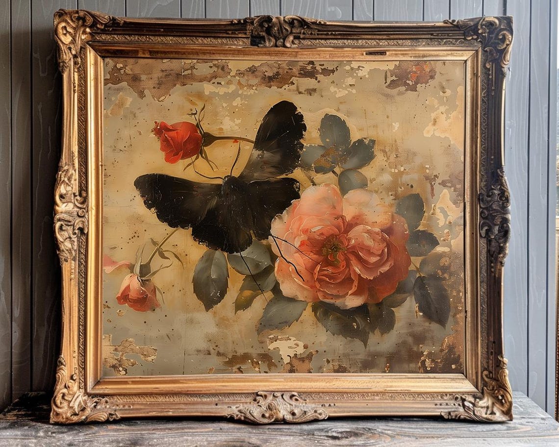 Black Moth on Peach Roses Vintage Crackled Botanical Art Poster