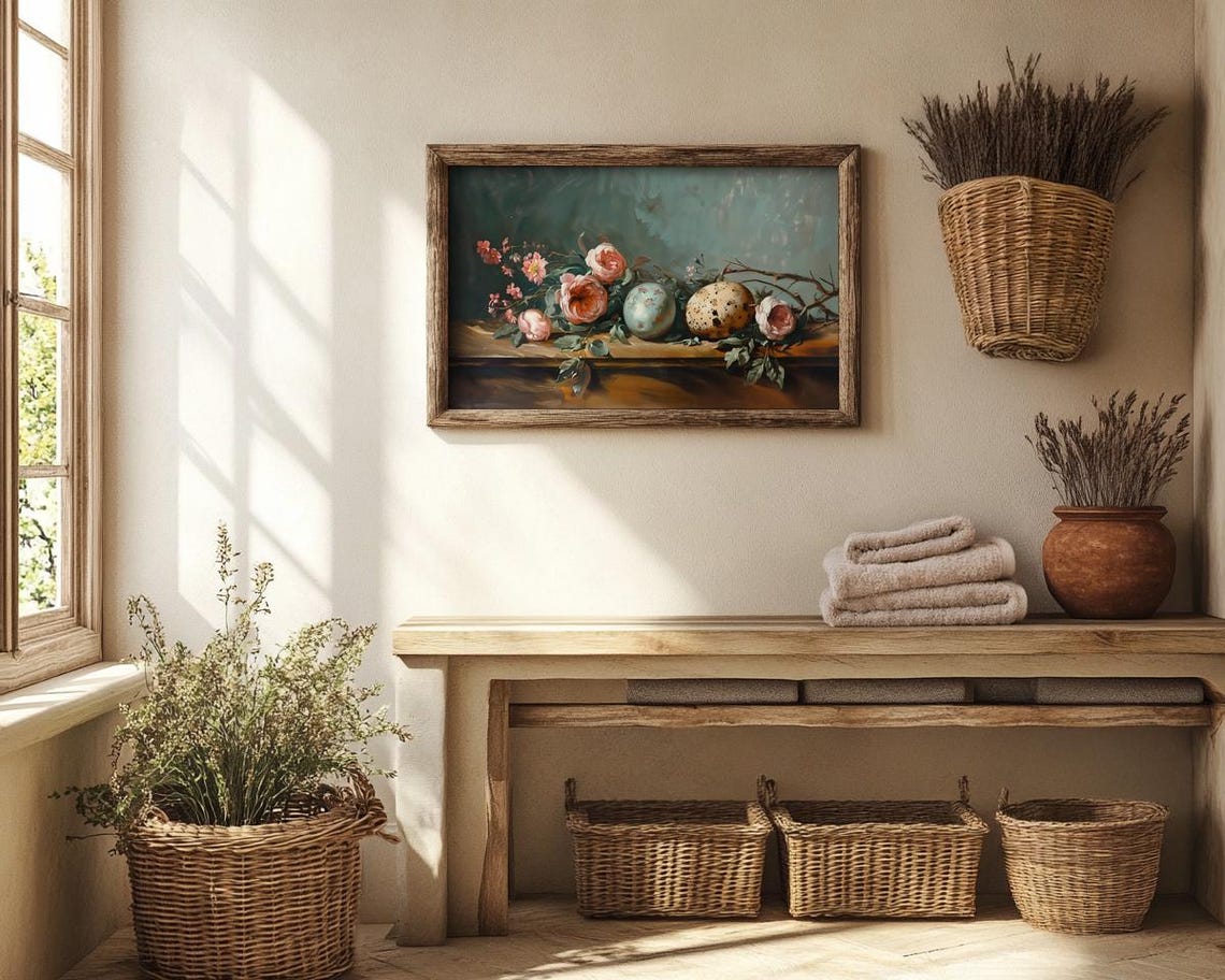 Speckled Easter Eggs With Pink Peonies Classical Still Life Poster - Image 2