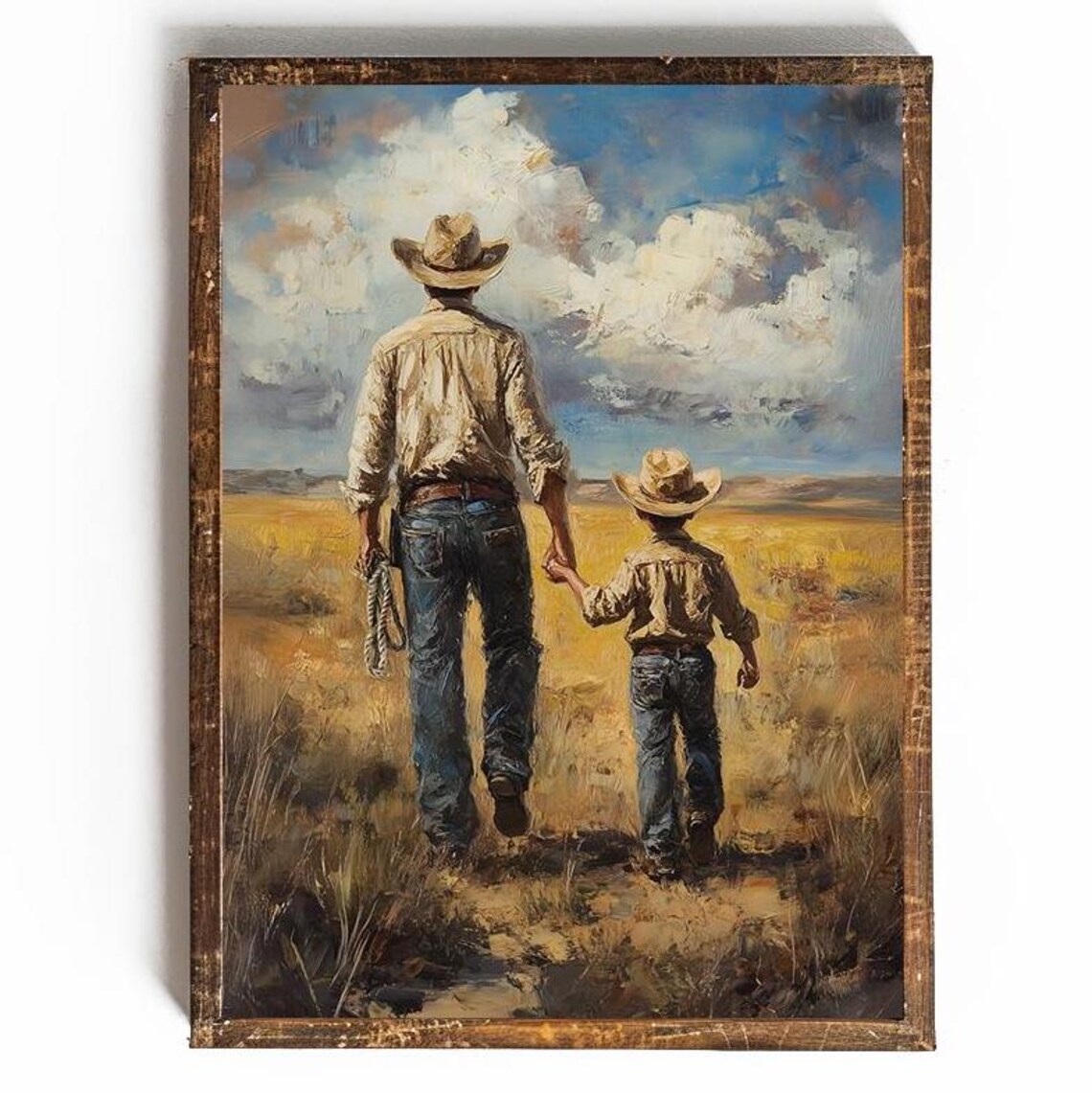 Cowboy Father And Son Walking Across Golden Prairie At Dusk Poster