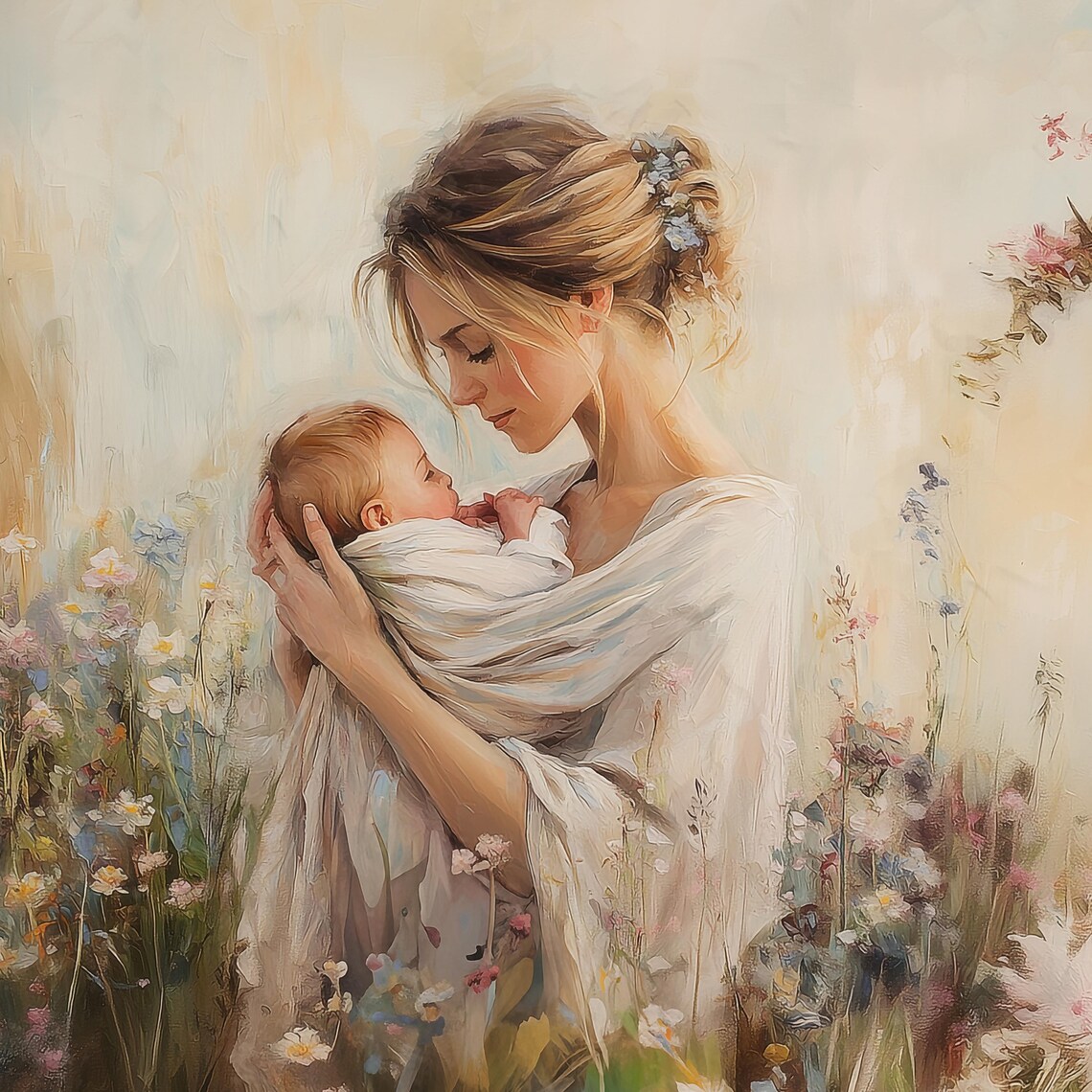Mother Cradling Her Baby in a Blooming Wildflower Garden Poster - Image 2