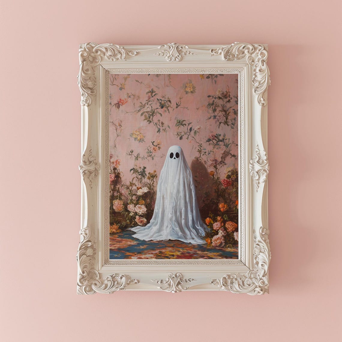 Cute Sheet Ghost Among Flowers on Pink Wallpaper Halloween Poster - Image 3