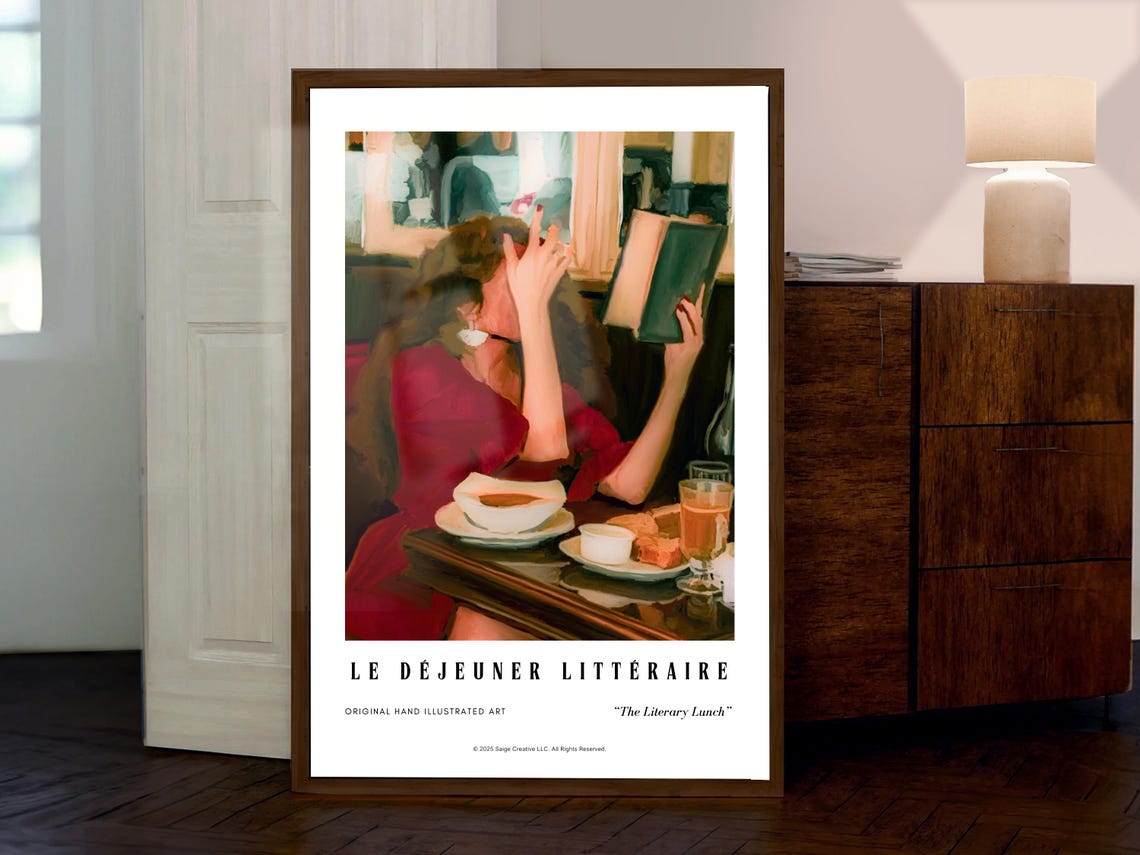 Parisian Cafe Art Print, Book Lover Art